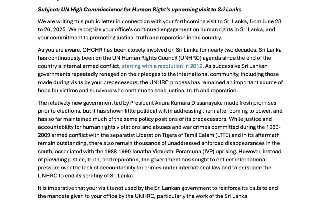 Sri Lanka: Public letter to the High Commissioner on the upcoming visit to Sri Lanka