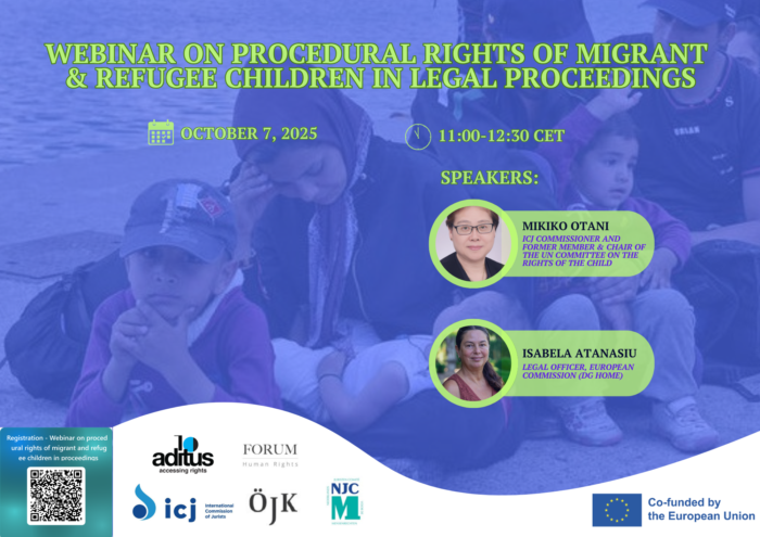 Flyer for "Webinar on procedural rights of migrant & refugee children in legal proceedings"