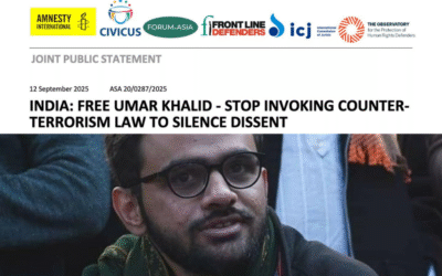 India: Joint statement urging Indian authorities to immediately and unconditionally release human rights defender and student activist Umar Khalid